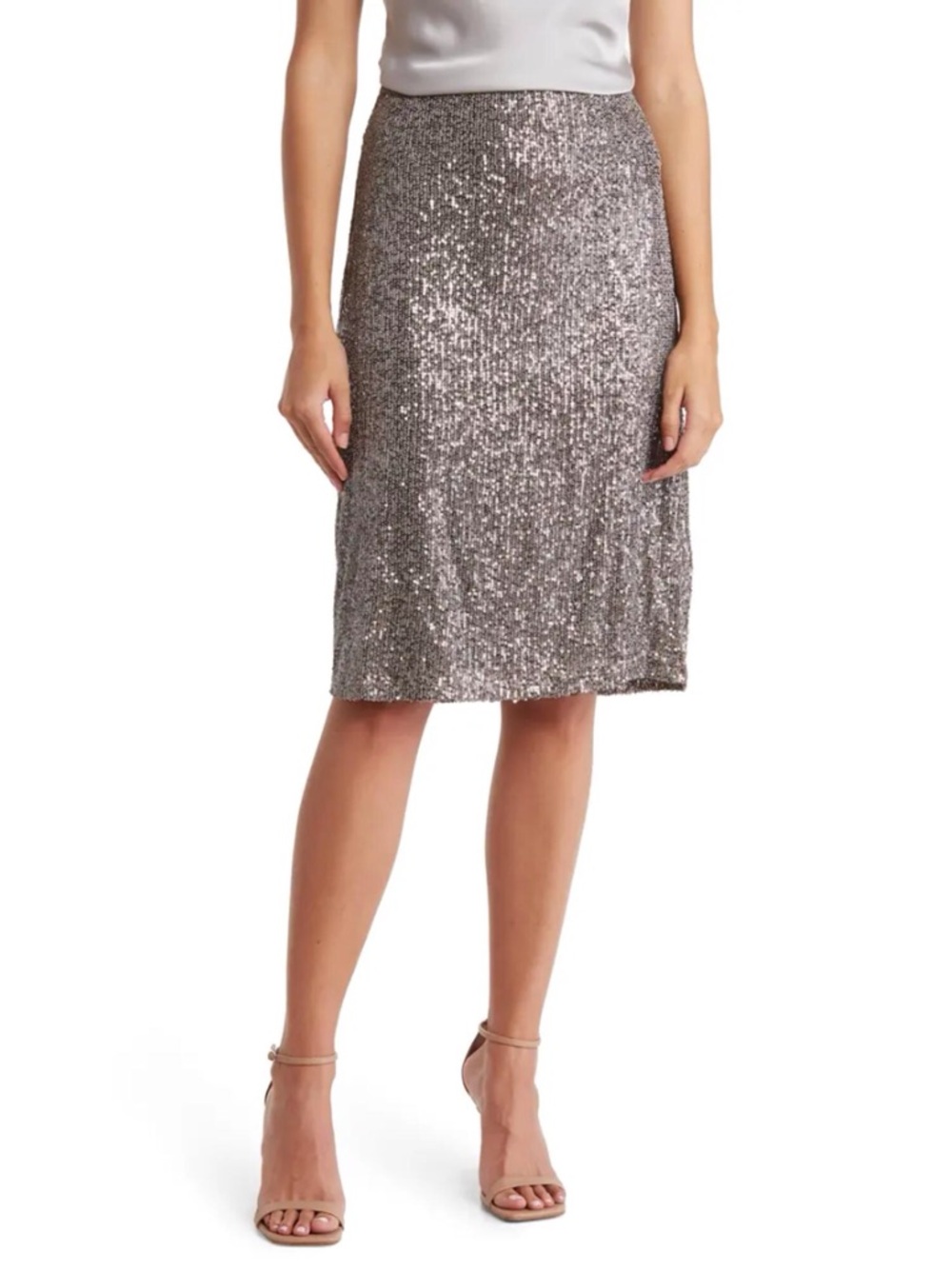 Adrianna Papell Silver Sequin Midi Pencil Skirt